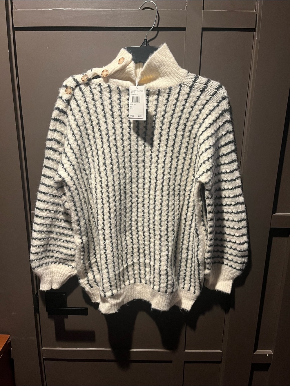 Frnch Paris Cream and Black Striped Mock Neck Sweater M/L New